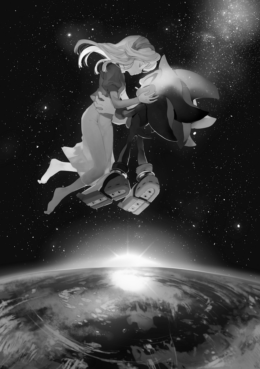 1boy 1girl absurdres animal_ears animal_nose aoki_(fumomo) barefoot black_background closed_eyes commentary_request cropped_jacket earth_(planet) feet floating floating_hair from_side full_body furry furry_male gloves greyscale hairband hand_on_another's_cheek hand_on_another's_face hand_up highres layered_sleeves long_hair long_sleeves maria_robotnik monochrome partial_commentary planet profile puffy_short_sleeves puffy_sleeves rocket_boots sad see-through_silhouette shadow_the_hedgehog short_over_long_sleeves short_sleeves sidelocks sky sonic_(series) sonic_adventure_2 space spiky_hair star_(sky) starry_sky super_shadow tail tears u_u
