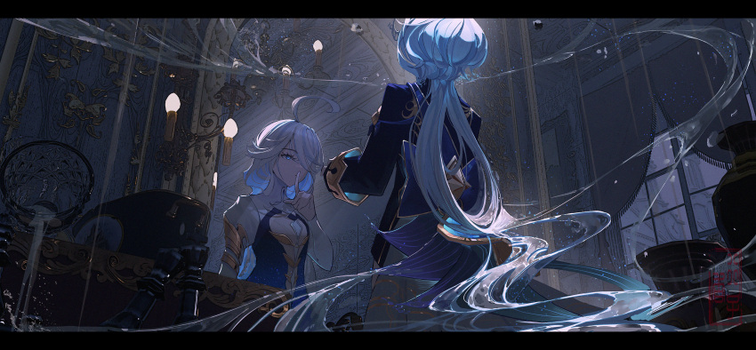 2girls absurdres blue_eyes blue_hair blue_jacket chandelier commentary_request cowboy_shot cowlick different_reflection finger_to_mouth focalors_(genshin_impact) furina_(genshin_impact) genshin_impact hair_over_one_eye highres indoors jacket juliet_sleeves letterboxed light_blue_hair long_hair long_sleeves mirror multiple_girls puffy_sleeves reflection shushing tyhaya very_long_hair water window
