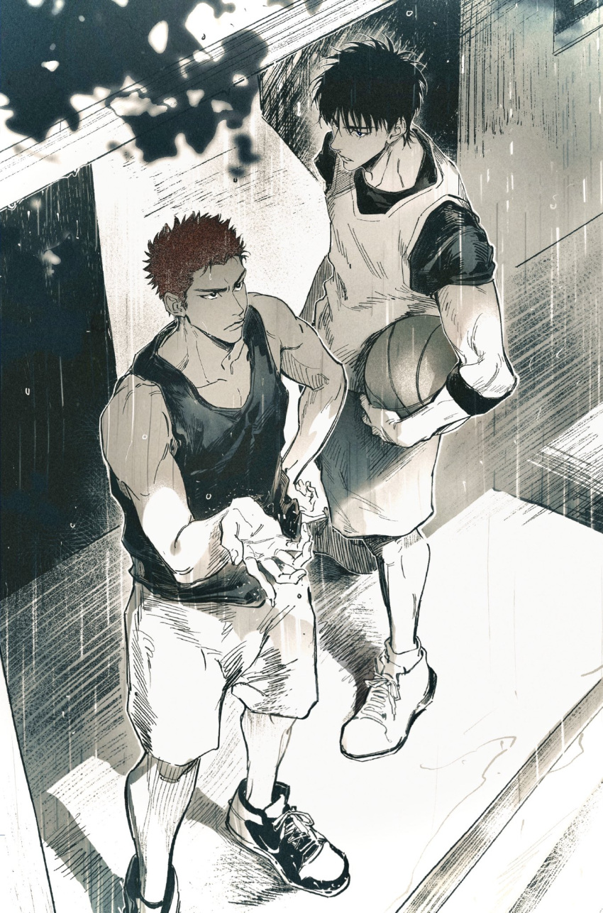 2boys arm_at_side armband ball basketball_(object) chimmyming from_above hand_on_own_hip highres holding holding_ball male_focus multiple_boys outdoors rain redhead rukawa_kaede sakuragi_hanamichi shoes short_sleeves shorts slam_dunk_(series) sneakers socks spot_color tank_top toned toned_male