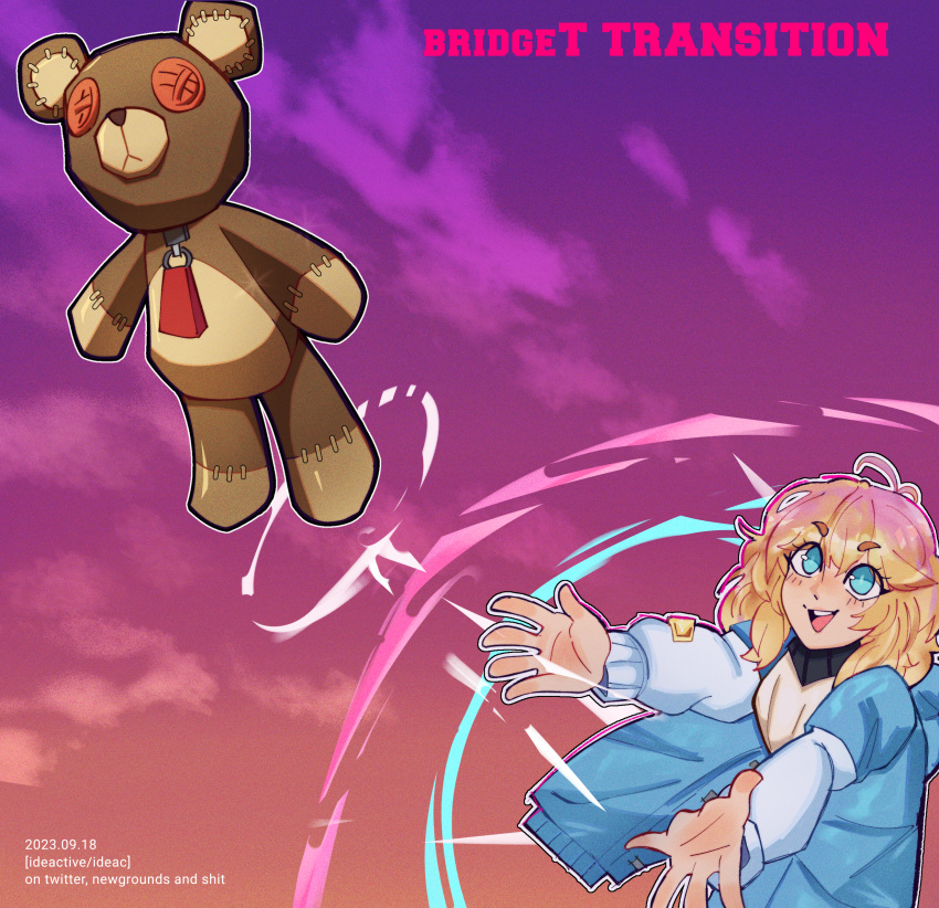 1girl absurdres album_cover album_cover_redraw blonde_hair blue_eyes bridget bridget_(guilty_gear) colored_skin cover derivative_work guilty_gear guilty_gear_strive highres ideac looking_up parody stuffed_animal stuffed_toy teddy_bear white_skin
