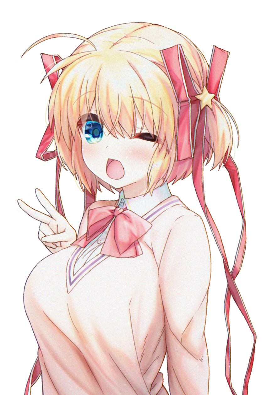 1girl ;d ahoge arm_at_side blonde_hair blue_eyes blush bow breasts commentary eyes_visible_through_hair hair_between_eyes hair_ornament hair_ribbon hand_up happy highres kamikita_komari little_busters! little_busters!_school_uniform long_ribbon looking_at_viewer medium_breasts natsuoto_rito one_eye_closed open_mouth pink_bow red_ribbon ribbon school_uniform short_hair simple_background smile solo star_(symbol) star_hair_ornament sweater two_side_up upper_body v white_background yellow_sweater