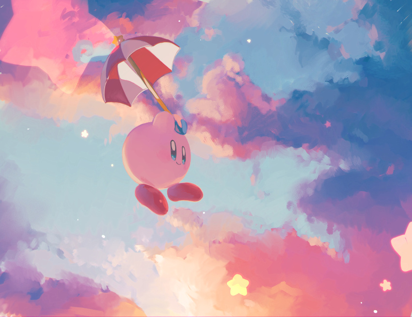 arms_up blue_eyes blue_sky closed_mouth clouds colored_skin commentary_request copy_ability falling highres holding holding_umbrella kananishi kirby kirby_(series) light_blush looking_ahead no_humans outdoors parasol parasol_kirby pink_skin red_footwear red_umbrella shoes sky smile solo star_(symbol) sunset two-tone_umbrella umbrella white_umbrella
