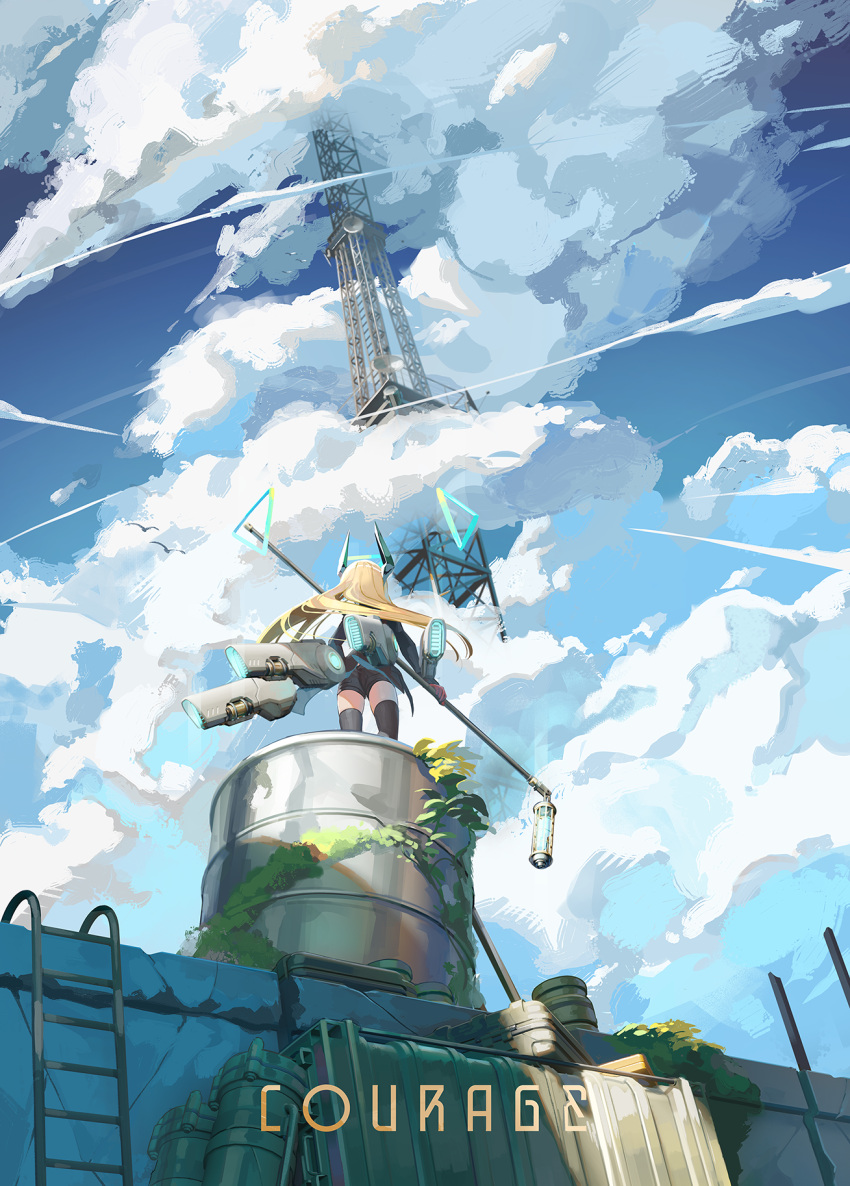 1girl black_shorts black_thighhighs blonde_hair blue_sky clouds cloudy_sky commentary_request day english_text facing_away floating_hair flower from_behind from_below highres holding horns long_hair mecha_musume moss natori_youkai original outdoors satellite_dish short_shorts shorts sky solo standing thigh-highs tower very_long_hair yellow_flower