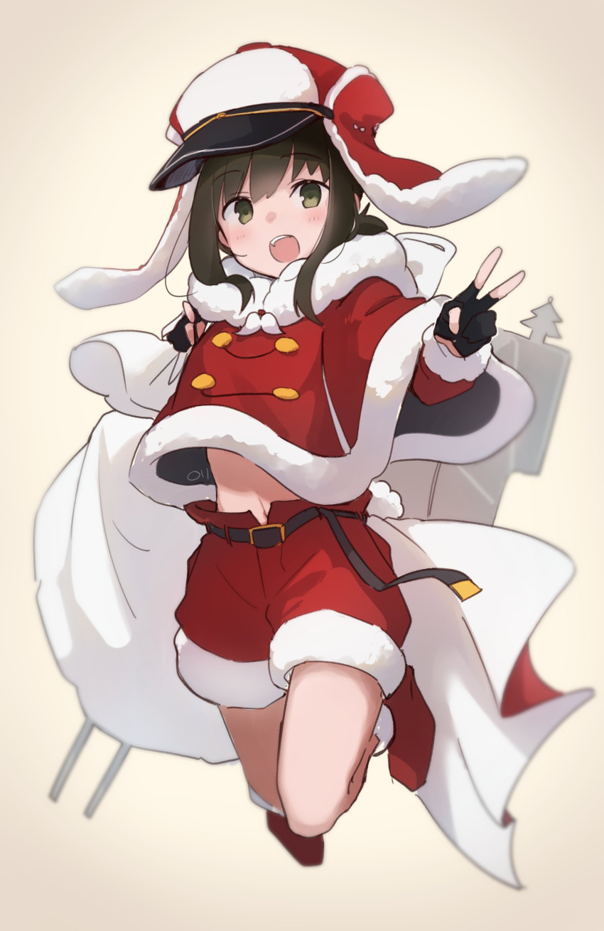 1girl absurdres belt black_belt black_gloves black_hair blush fingerless_gloves fubuki_(kancolle) full_body gloves green_eyes highres kantai_collection looking_at_viewer ma_rukan machinery open_mouth red_shorts rigging santa_costume short_hair short_ponytail shorts signature simple_background solo turret v yellow_background