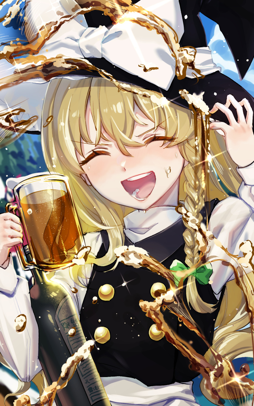 1girl alcohol ama_(pixiv_50406250) beer beer_mug black_headwear black_vest blonde_hair bottle bow braid buttons closed_eyes cup green_bow hair_bow hat hat_bow highres kirisame_marisa long_hair mug shirt single_braid solo touhou vest white_bow white_shirt witch_hat