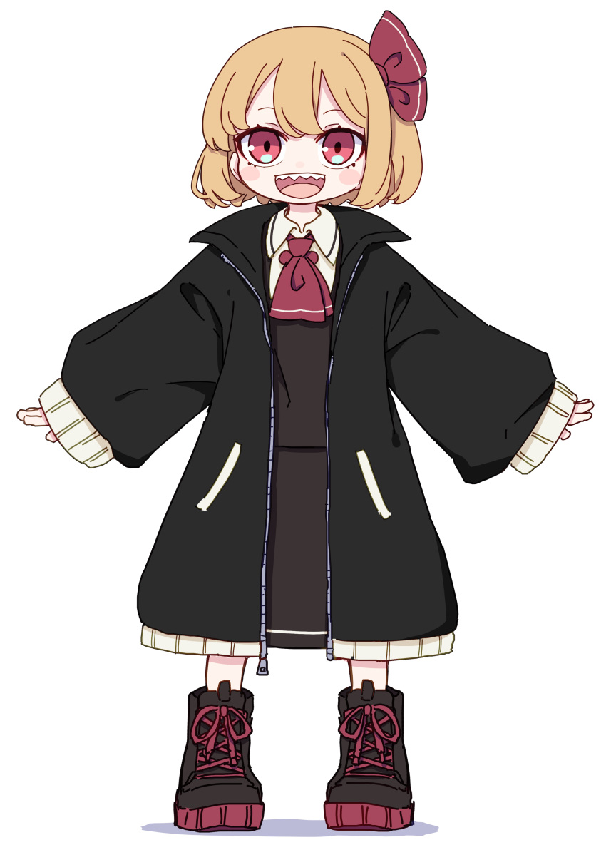 1girl absurdres ascot black_footwear blonde_hair blush_stickers collared_shirt full_body highres kame_(kamepan44231) long_sleeves looking_at_viewer open_mouth red_ascot red_eyes rumia sharp_teeth shirt shoes short_hair simple_background smile solo straight-on teeth touhou white_background white_shirt