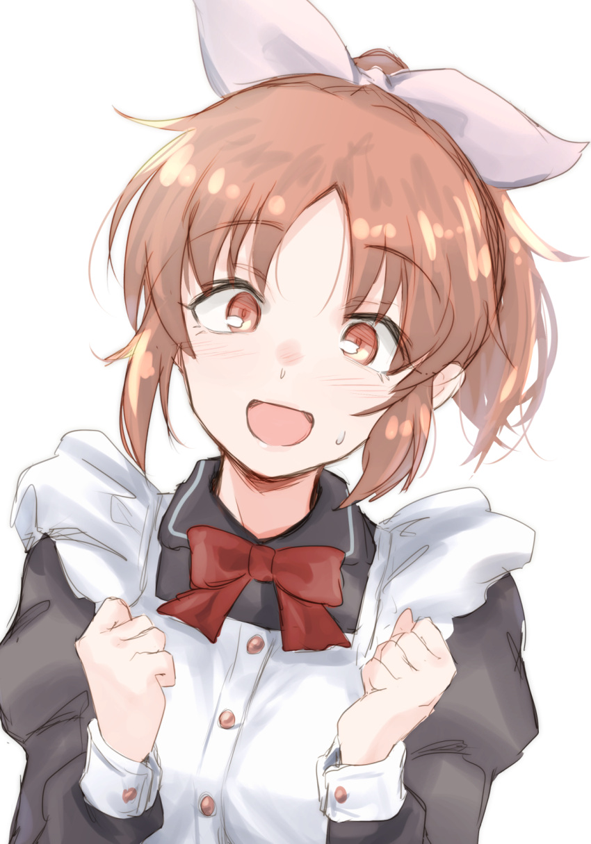 1girl abe_nana apron black_dress blush bow bowtie breasts brown_eyes brown_hair clenched_hands dot_nose dress hair_ribbon hands_up highres idolmaster idolmaster_cinderella_girls idolmaster_cinderella_girls_starlight_stage long_sleeves looking_at_viewer medium_breasts open_mouth pink_ribbon ponytail puffy_long_sleeves puffy_sleeves red_bow red_bowtie ribbon short_hair simple_background smile solo sweatdrop unu_(unucence) upper_body white_apron white_background