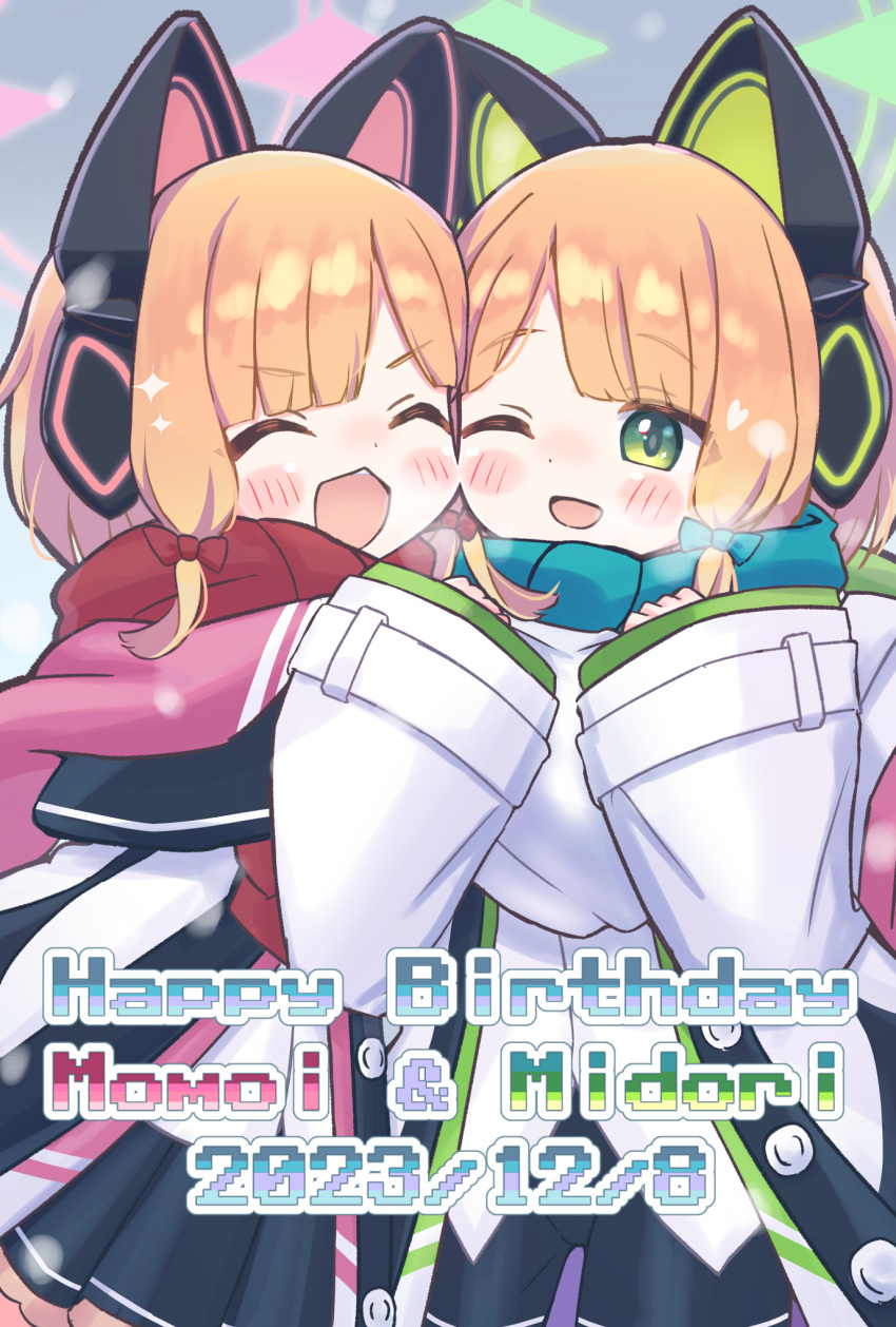 2girls animal_ear_headphones animal_ears black_skirt blonde_hair blue_archive blush bow closed_eyes denki_blanco fake_animal_ears green_bow green_eyes green_halo hair_bow halo headphones highres jacket long_sleeves midori_(blue_archive) momoi_(blue_archive) multiple_girls open_mouth pink_halo pleated_skirt red_bow short_hair siblings sisters skirt smile twins white_jacket wide_sleeves