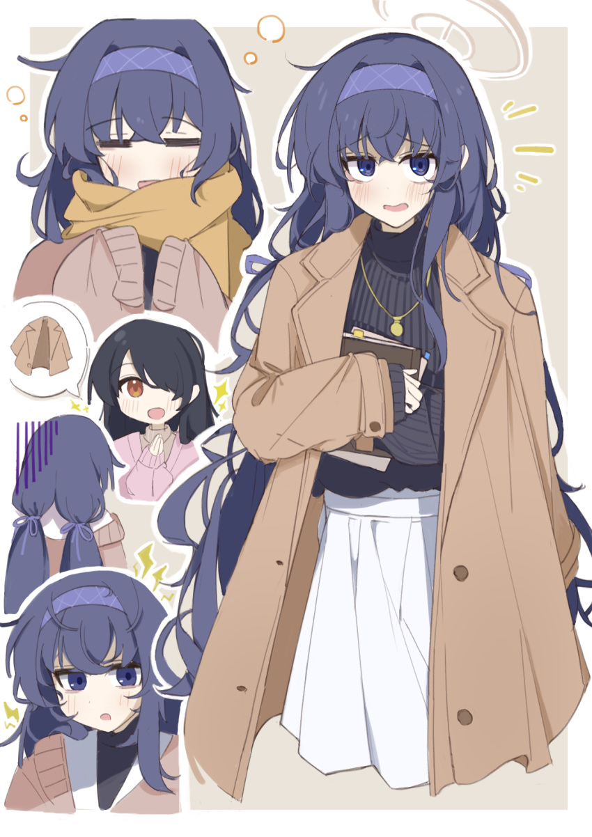 2girls =_= alternate_costume bags_under_eyes black_hair black_sweater blue_archive blue_eyes blue_hair blue_hairband brown_coat casual closed_mouth coat crossed_bangs free_donut gloom_(expression) gold_necklace hair_between_eyes hairband halo highres hinata_(blue_archive) jewelry light_blush long_hair messy_hair multiple_girls multiple_views necklace open_clothes open_coat open_mouth red_eyes ribbed_sweater ringed_eyes skirt sleeves_past_wrists solo_focus sweater turtleneck turtleneck_sweater ui_(blue_archive) very_long_hair white_skirt winter_clothes