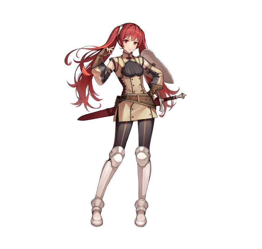 1girl absurdres armor armored_boots belt belt_pouch boots breasts closed_mouth commentary_request dress fingerless_gloves fire_emblem fire_emblem_awakening fire_emblem_heroes full_body gloves hand_on_own_hip hand_up highres konfuzikokon long_hair looking_at_viewer official_art pantyhose pouch red_eyes redhead serious severa_(fire_emblem) sheath sheathed short_dress shoulder_armor simple_background small_breasts solo standing striped sword turtleneck twintails vertical_stripes weapon white_background