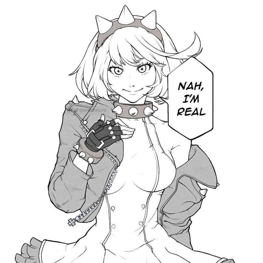 1girl bracelet breasts elphelt_valentine guilty_gear guilty_gear_strive hairband jewelry large_breasts looking_at_viewer meme monochrome mwrylyx nah_i'd_win_(meme) off_shoulder short_hair smile spiked_bracelet spiked_hairband spikes