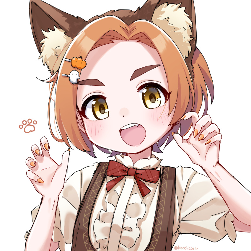 1girl :d animal_ears artist_name blush bow bowtie brown_dress brown_eyes center_frills claw_pose commentary_request dress fake_animal_ears fang fingernails food-themed_hair_ornament forehead frilled_sleeves frills ghost_hair_ornament hair_ornament hands_up highres idolmaster idolmaster_cinderella_girls idolmaster_cinderella_girls_starlight_stage long_fingernails looking_at_viewer marui_kado nail_polish open_mouth orange_hair orange_nails parted_bangs paw_print pinafore_dress puffy_short_sleeves puffy_sleeves pumpkin_hair_ornament red_bow red_bowtie ryuzaki_kaoru sharp_fingernails shirt short_hair short_sleeves simple_background sleeveless sleeveless_dress smile solo teeth thick_eyebrows twitter_username upper_body upper_teeth_only white_background white_shirt wolf_ears