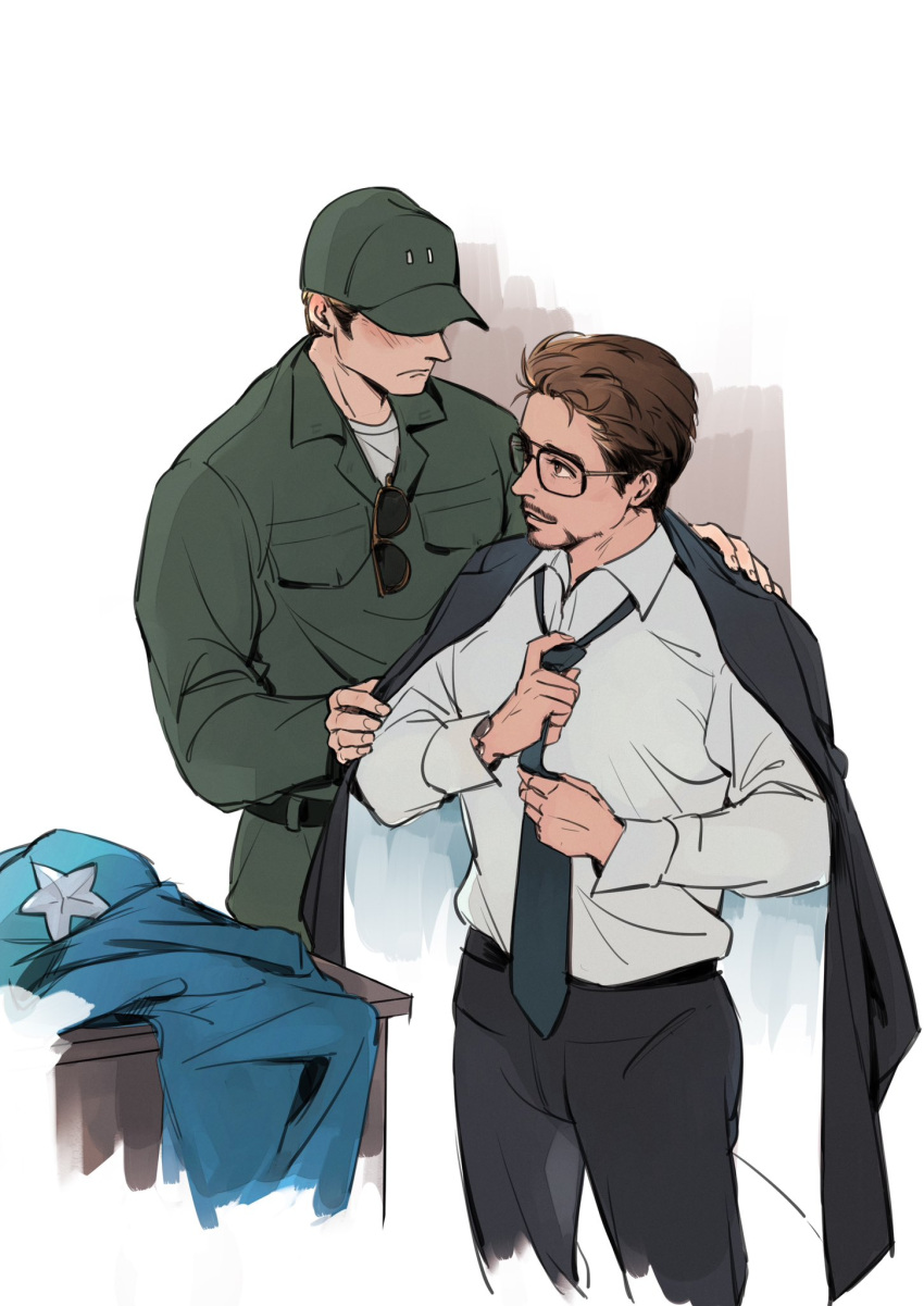 2boys avengers:_endgame avengers_(series) belt black-framed_eyewear black_belt blonde_hair blue_necktie blush brown_eyes brown_hair closed_mouth collared_jacket collared_shirt english_commentary facial_hair fingernails glasses green_headwear green_pants green_shirt grey_jacket grey_pants hand_on_another's_shoulder hands_up hat highres jacket looking_at_another male_focus marvel marvel_cinematic_universe multiple_boys necktie open_clothes open_jacket pants pocket rv0fya shirt short_hair simple_background smile standing star_(symbol) steve_rogers sunglasses t-shirt table teeth tony_stark white_background white_shirt