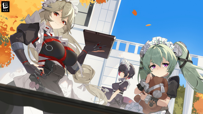 3girls absurdres breasts closed_mouth commentary_request corin_wickes gloves green_hair grey_hair hair_between_eyes hair_ornament hairclip highres large_breasts long_hair looking_at_viewer lqk_(pixiv_40481191) maid maid_headdress multiple_girls red_eyes short_hair sky smile stuffed_animal stuffed_toy twintails zenless_zone_zero