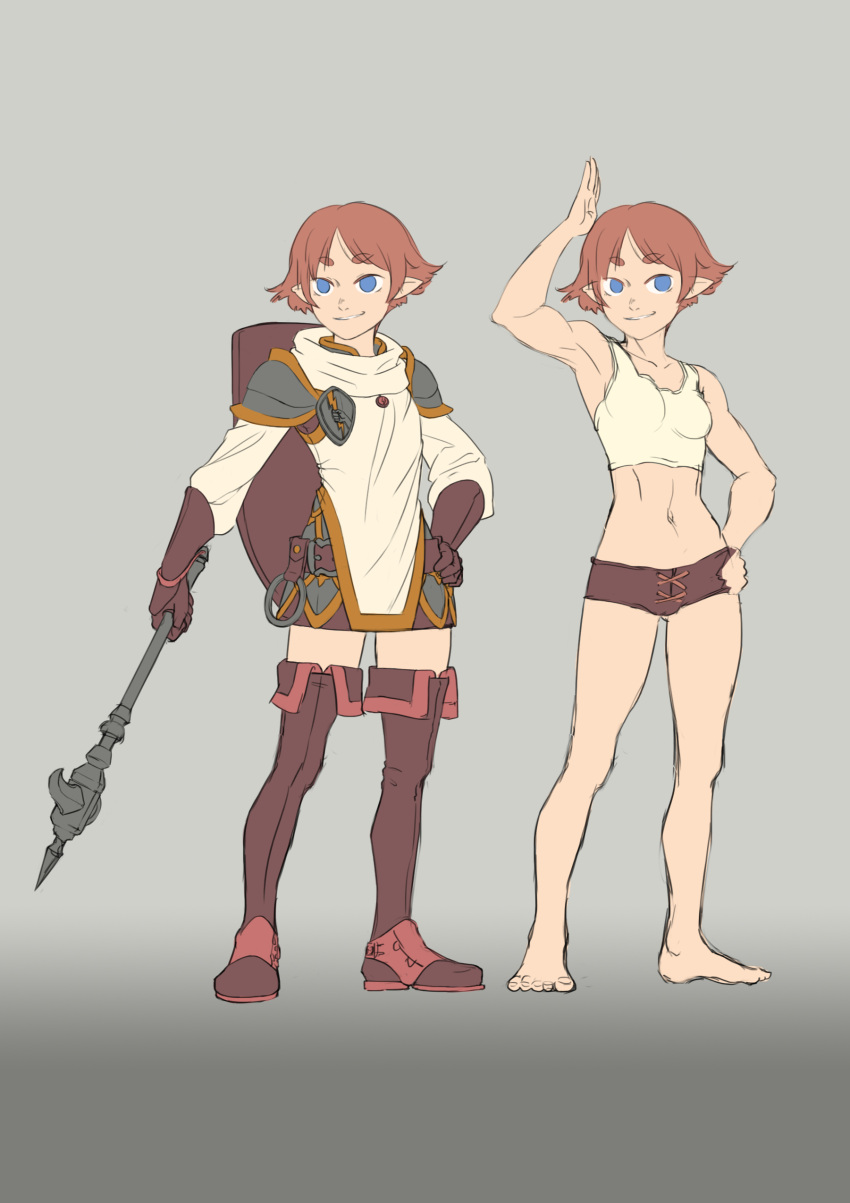 absurdres armor blue_eyes breastplate brown_hair dungeons_and_dragons gauntlets gloves grey_background hanpixe highres holding holding_weapon pauldrons pointy_ears shield shield_on_back short_shorts shorts shoulder_armor tank_top thigh-highs war_hammer weapon
