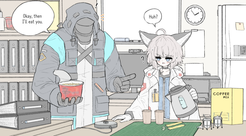 1boy 1girl ? animal_ears arknights binder blue_eyes blush clock confused cowlick cup disposable_cup doctor_(arknights) electric_kettle english_text food fox_ears fox_girl grey_hair highres holding holding_food holding_kettle indoors jokebag kettle keyboard_(computer) looking_at_another male_doctor_(arknights) medium_hair monitor open_mouth pointing pointing_at_another printer ramen refrigerator shelf speech_bubble sticky_note sussurro_(arknights) sweat talking wall_clock