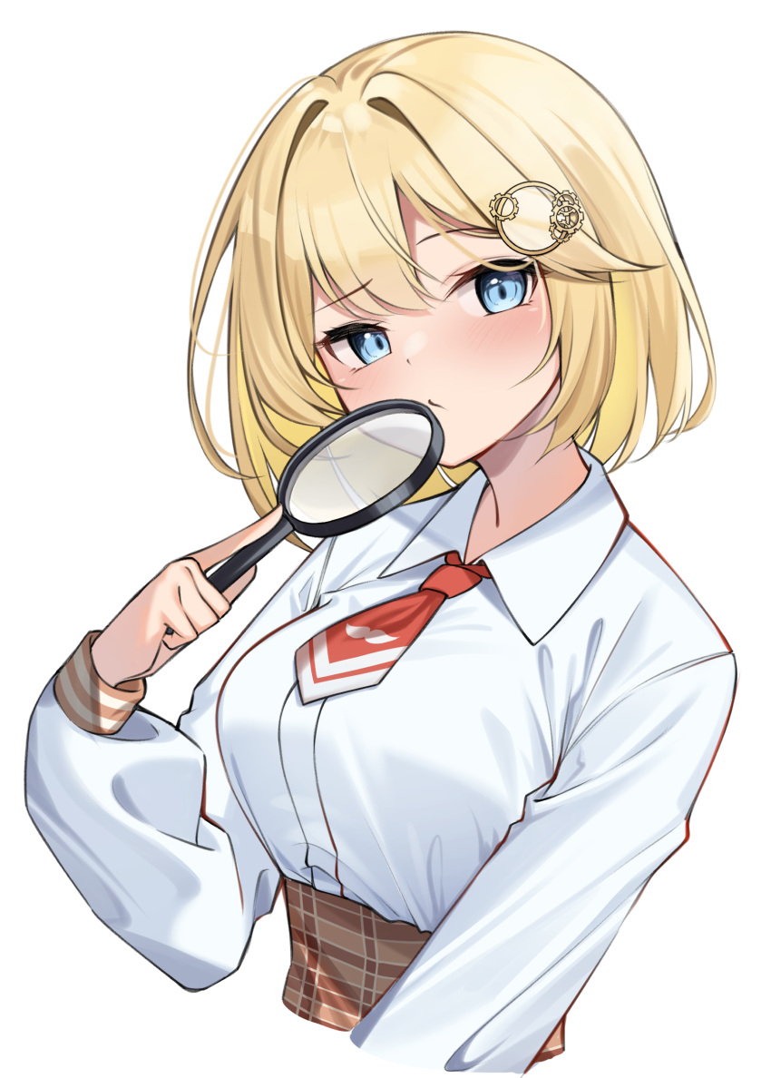1girl :/ absurdres blonde_hair blue_eyes blush breasts brown_skirt closed_mouth collared_shirt commentary_request hair_ornament head_tilt high-waist_skirt highres holding holding_magnifying_glass hololive korean_commentary long_sleeves looking_at_viewer magnifying_glass medium_breasts necktie plaid plaid_skirt raised_eyebrow red_necktie shirt short_hair short_necktie simple_background skirt solo upper_body virtual_youtuber watson_amelia white_background white_shirt ziro_(zirorong)
