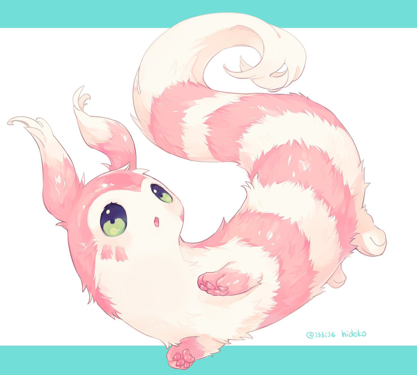 :o alternate_color animal_focus commentary_request ferret furret green_eyes hideko_(l33l3b) highres lying no_humans on_side open_mouth pawpads pink_fur pokemon pokemon_(creature) shiny_pokemon simple_background solo twitter_username white_background