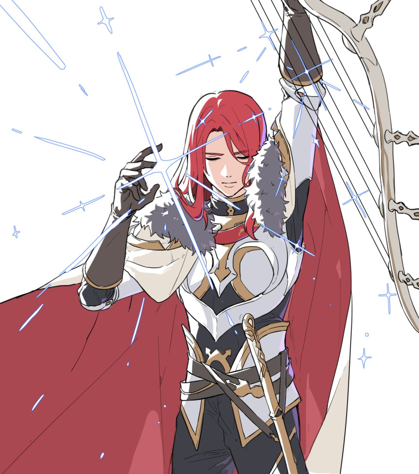 1boy bishounen bow_(weapon) cape closed_eyes cowboy_shot failnaught_(fate) fate/grand_order fate_(series) fighting_stance fur-trimmed_cape fur_trim glint harp highres holding holding_bow_(weapon) holding_weapon instrument knight long_hair male_focus potato_goril redhead solo tristan_(fate) weapon