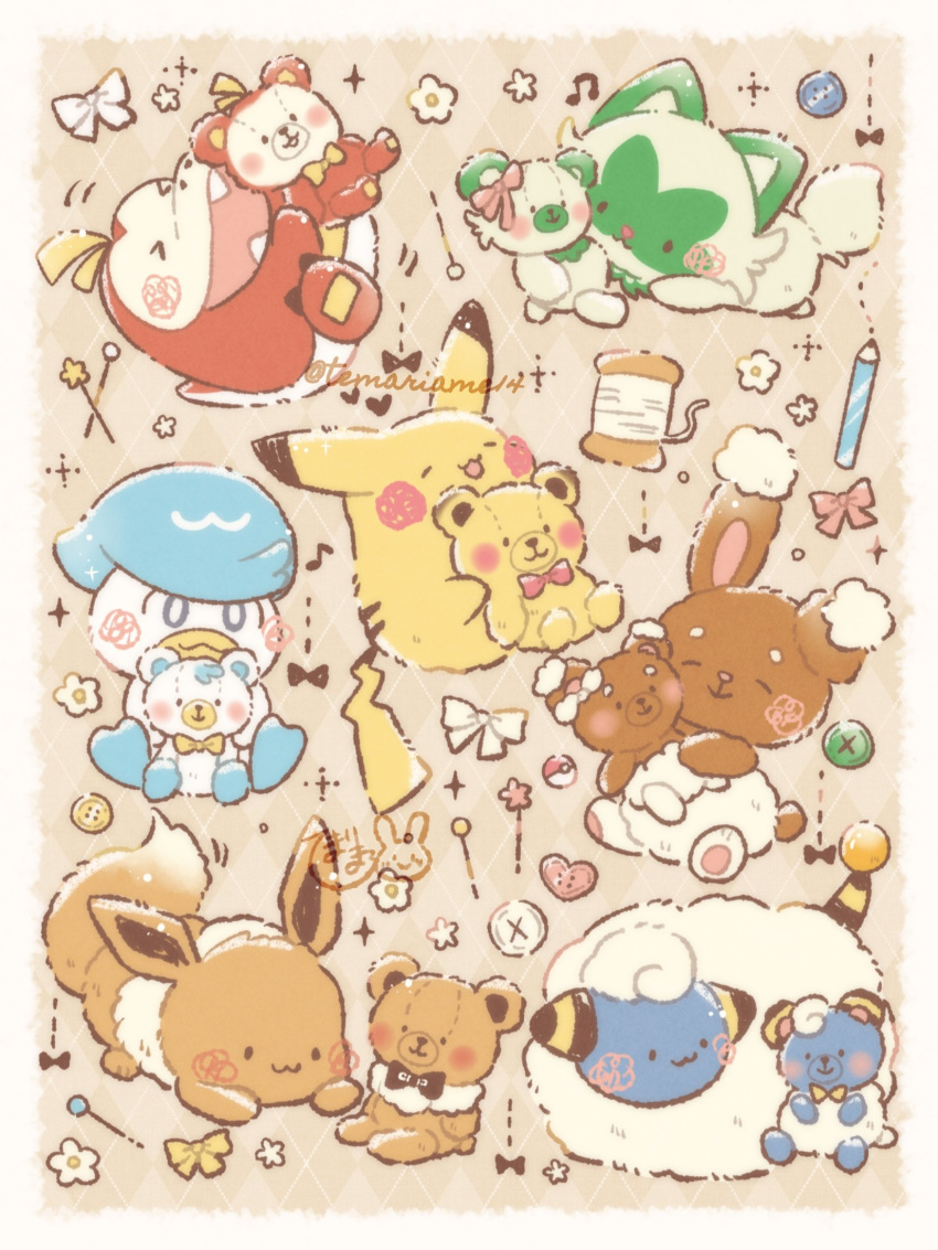 &gt;_&lt; :3 :d ^_^ artist_name blue_eyes blush border bow bowtie bright_pupils brown_background buneary buttons closed_eyes closed_mouth commentary_request eevee fangs flower fuecoco highres holding holding_stuffed_toy mareep musical_note no_humans open_mouth pencil pikachu pink_bow pink_bowtie poke_ball poke_ball_(basic) pokemon pokemon_(creature) quaxly sewing_pin simple_background smile solid_oval_eyes spool sprigatito stuffed_animal stuffed_toy teddy_bear temariame14 twitter_username white_border white_bow white_flower white_pupils yellow_bow yellow_bowtie