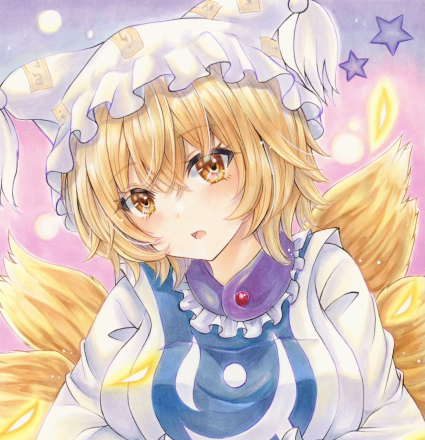 1girl 2424yume animal_ears blonde_hair blue_tabard dress fox_ears fox_tail hat highres looking_at_viewer marker_(medium) mob_cap multiple_tails ofuda ofuda_on_clothes solo star_(symbol) tabard tail touhou traditional_media white_dress white_headwear yakumo_ran yellow_eyes