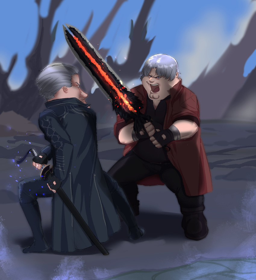 2boys absurdres black_coat black_gloves black_pants black_shirt blue_sky cleft_chin coat cosplay dante_(devil_may_cry) dante_(devil_may_cry)_(cosplay) day devil_may_cry_(series) devil_may_cry_5 devil_sword_dante double_chin family_guy fat fat_man fighting_stance fingerless_gloves glenn_quagmire gloves grey_hair highres holding holding_sword holding_weapon kowai_(iamkowai) male_focus multiple_boys open_mouth outdoors pants peter_griffin red_coat shirt short_hair sky sword vergil_(devil_may_cry) vergil_(devil_may_cry)_(cosplay) weapon yamato_(sword)