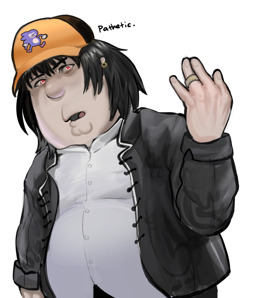 1boy absurdres black_hair black_jacket character_request chris_griffin cleft_chin copyright_request cosplay double_chin earrings family_guy fat fat_man highres hoop_earrings jacket jewelry kowai_(iamkowai) male_focus orange_headwear red_eyes ring sanic shirt simple_background solo white_background white_shirt