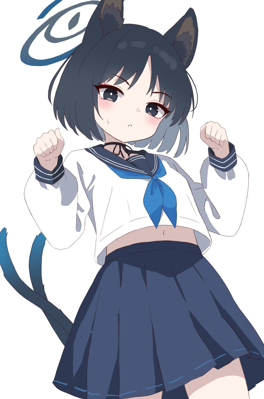 1girl absurdres animal_ears black_eyes black_hair blue_archive blue_neckerchief blue_sailor_collar blue_skirt bob_cut cat_ears cat_tail choker clenched_hands closed_mouth commentary cowboy_shot from_below halo highres kikyou_(blue_archive) long_sleeves looking_at_viewer midriff_peek multiple_tails navel neckerchief paw_pose pleated_skirt ribbon sailor_collar school_uniform serafuku shirt short_hair simple_background skirt solo standing tail white_background white_shirt yukisiannn