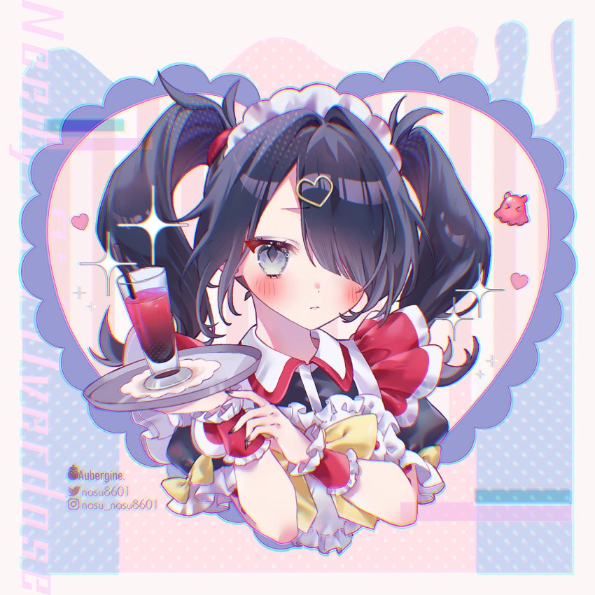1girl ame-chan_(needy_girl_overdose) black_hair black_nails blush bow closed_mouth collared_dress copyright_name cropped_torso cup dress drinking_glass drinking_straw hair_ornament hair_over_one_eye hair_tie hands_up heart heart_hair_ornament highres holding holding_tray long_hair looking_at_viewer maid maid_headdress nail_polish nasu8601 needy_girl_overdose octopus polka_dot polka_dot_background puffy_short_sleeves puffy_sleeves short_sleeves solo sparkle sweets_paradise tray twintails upper_body wrist_cuffs yellow_bow