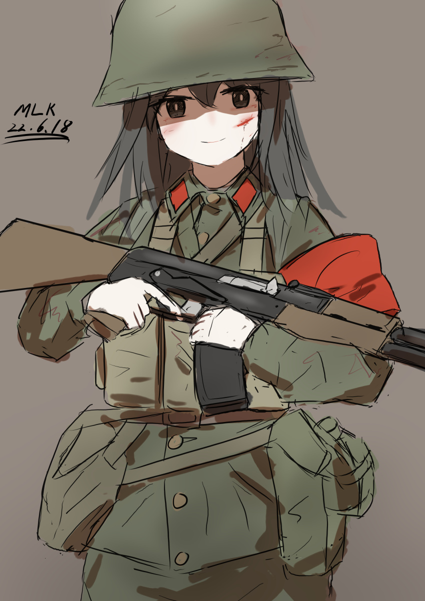 1girl absurdres armband assault_rifle black_hair blood blood_on_face buttons collared_shirt dated gun helmet highres injury kalashnikov_rifle long_hair miliki military_uniform original people's_liberation_army red_armband rifle shaded_face shirt signature simple_background trigger_discipline type_56_assault_rifle uniform weapon