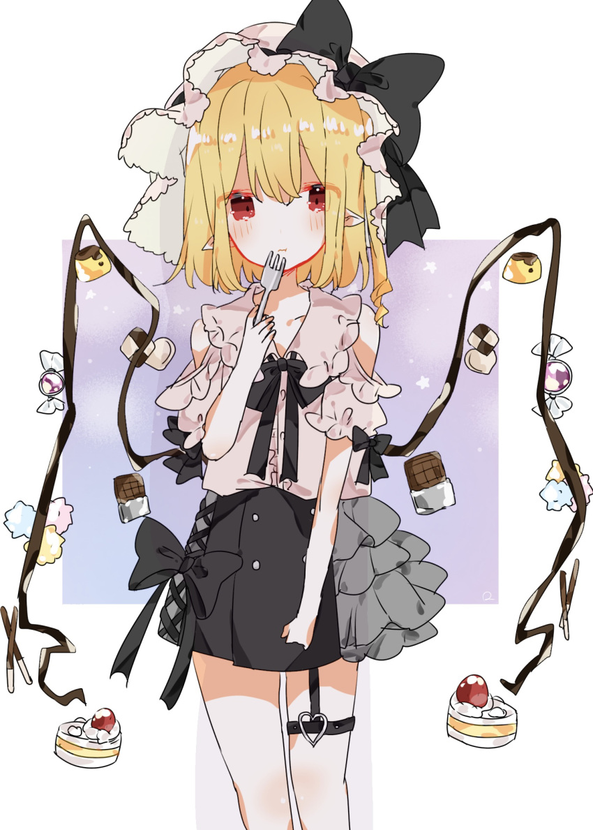 1girl alternate_costume alternate_wings bare_shoulders black_bow black_bowtie black_skirt blonde_hair blush bow bowtie buttons candy center_frills checkerboard_cookie chocolate chocolate_bar closed_mouth collarbone cookie cowboy_shot flandre_scarlet food fork frilled_sleeves frills hair_between_eyes hat hat_bow heart highres holding holding_fork looking_at_viewer medium_hair mob_cap name_connection nishiki1225 object_namesake pocky pointy_ears pudding puffy_short_sleeves puffy_sleeves red_eyes shirt short_sleeves simple_background skirt sleeve_bow solo thigh_strap touhou whipped_cream white_background white_headwear white_shirt wings wrapped_candy