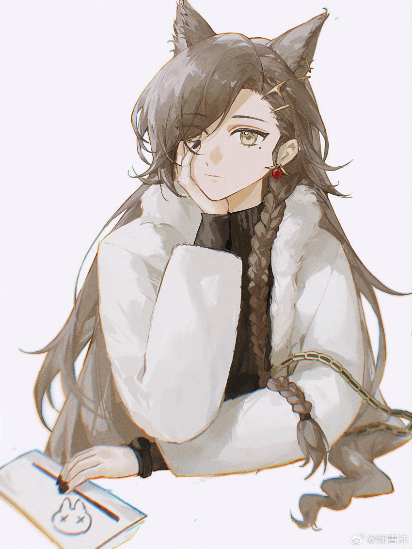 1girl animal_ear_fluff animal_ears arknights arm_rest arm_support artist_name black_nails black_sweater blurry braid breasts brown_hair card chinese_commentary chinese_text chromatic_aberration closed_mouth colored_inner_hair commentary_request earclip earrings educatedyouth extra_ears film_grain fingernails fur-trimmed_jacket fur_trim hair_between_eyes hair_flowing_over hair_ornament hair_over_one_eye hair_spread_out hair_tie hairclip hand_on_own_cheek hand_on_own_face hand_up highres invisible_object jacket jewelry jingle_bell_earrings layered_sleeves leaning leaning_forward leaning_on_object light_brown_hair light_smile long_hair long_sleeves looking_at_viewer low-tied_long_hair low_ponytail low_side_ponytail mole mole_under_eye multicolored_hair nail_polish official_alternate_costume open_clothes open_jacket parted_bangs penance_(arknights) penance_(occasionally_flushed)_(arknights) ponytail ribbed_sweater shadow side_ponytail simple_background single_braid single_earring solo standing strap striped sweater swept_bangs turtleneck turtleneck_sweater two-tone_hair upper_body vertical-striped_sweater vertical_stripes very_long_hair watch watch watermark weibo_logo weibo_username white_background white_jacket wide_sleeves wolf_ears wolf_girl yellow_eyes