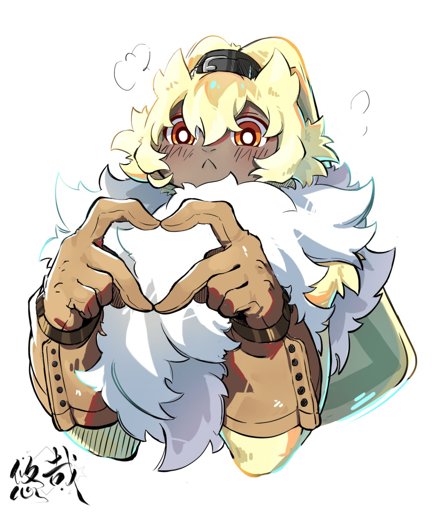 1other :&lt; belt black_belt body_fur bright_pupils brown_fur brown_gloves chinese_commentary closed_mouth digimon digimon_(creature) finger_heart floppy_ears furry gloves hands_up highres orange_eyes simple_background solo symbareangoramon tied_ears upper_body white_background white_fur white_pupils yellow_fur youzaiyouzai112