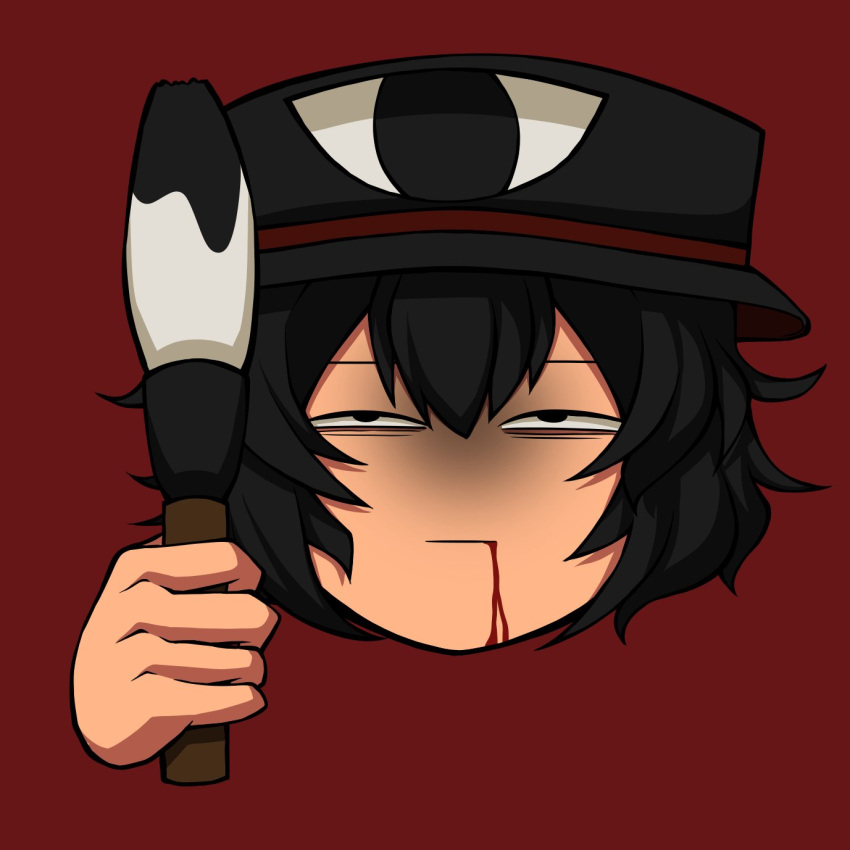 1jumangoku 1other androgynous bags_under_eyes black_eyes black_hair black_headwear blood blood_from_mouth calligraphy_brush closed_mouth commentary enraku_tsubakura expressionless eye_of_senri half-closed_eyes hat head_only highres holding holding_calligraphy_brush ink len'en messy_hair other_focus paintbrush red_background shaded_face short_hair simple_background solo straight-on top_hat
