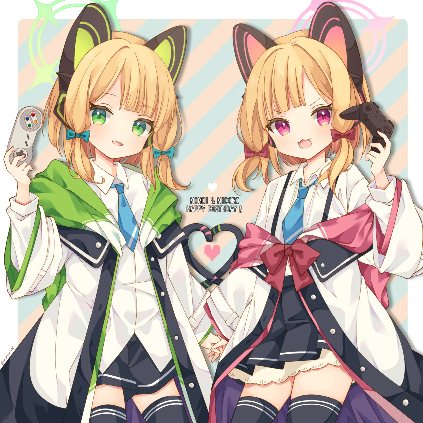 2girls absurdres animal_ear_headphones animal_ears black_skirt black_thighhighs blonde_hair blue_archive blue_bow blue_necktie bow collared_shirt controller fake_animal_ears game_controller green_eyes green_halo hair_bow halo happy_birthday headphones heart highres holding holding_controller holding_game_controller jacket looking_at_viewer midori_(blue_archive) momoi_(blue_archive) multiple_girls necktie open_clothes open_jacket open_mouth pink_halo pleated_skirt red_bow red_eyes saekiya_sabou shirt short_hair siblings sisters skirt smile thigh-highs two-sided_fabric two-sided_jacket white_jacket white_shirt