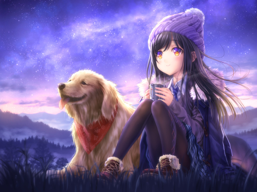 1girl argyle_thighhighs black_hair black_pantyhose black_sweater blue_coat blush camping closed_mouth coat commentary_request convenient_leg cross-laced_footwear cup dog dog_request dusk floating_hair floral_print full_body fur-trimmed_coat fur_trim goto_p grass holding holding_cup knees_together_feet_apart knees_up long_hair looking_afar miniskirt mountainous_horizon nature on_grass original outdoors pantyhose plaid plaid_skirt school_uniform sidelighting sitting skirt sky sleeves_past_wrists smile solo star_(sky) starry_sky straight_hair sweater tent tongue tongue_out white_fur winter_clothes yellow_eyes