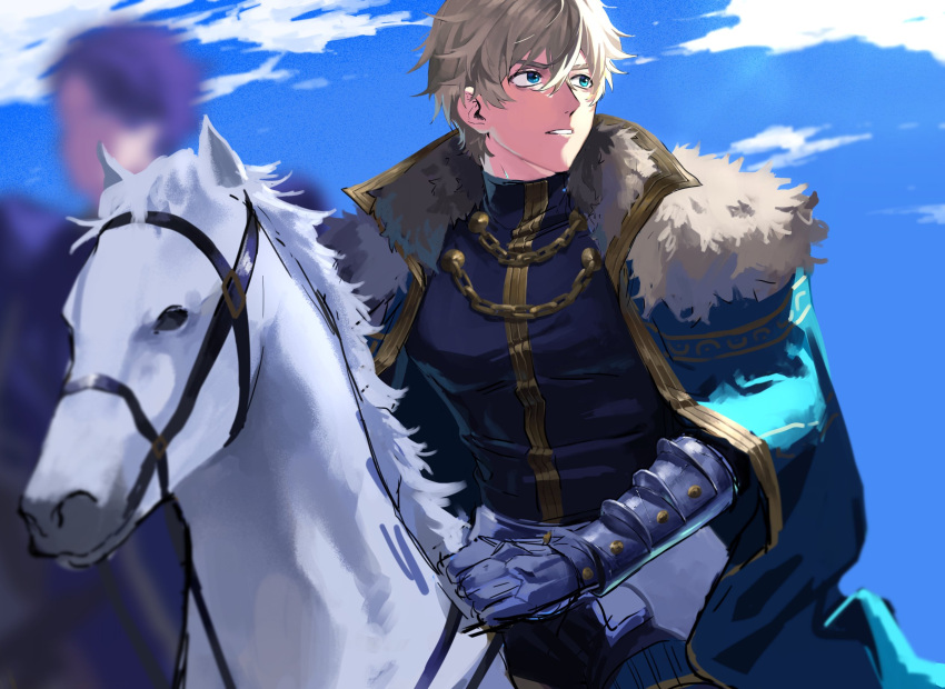 2boys armor blonde_hair blue_cape blue_eyes cape collared_cape cowboy_shot excalibur_galatine_(fate) fate/grand_order fate_(series) fur-trimmed_cape fur_trim gauntlets gawain_(fate) hair_between_eyes highres horseback_riding knight looking_to_the_side male_focus multiple_boys parted_lips pectorals potato_goril riding short_hair solo_focus thick_eyebrows