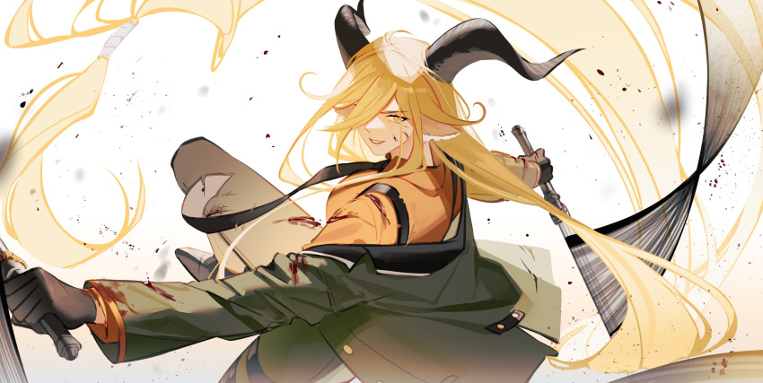 1girl arknights blonde_hair collared_shirt degenbrecher_(arknights) evil_smile formal from_behind highres holding holding_knife horns knife necktie orange_eyes red_shirt shirt smile spinning suit ylceon