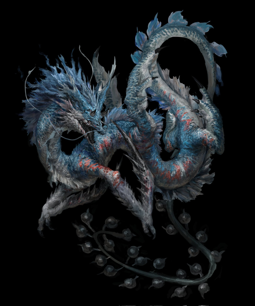 animal_focus black_background claws dragon eastern_dragon fins from_side full_body highres horns looking_at_viewer mane monster multiple_horns no_humans open_mouth original realistic scales sharp_teeth simple_background solo tail teeth whiskers white_eyes xiaopizi32439