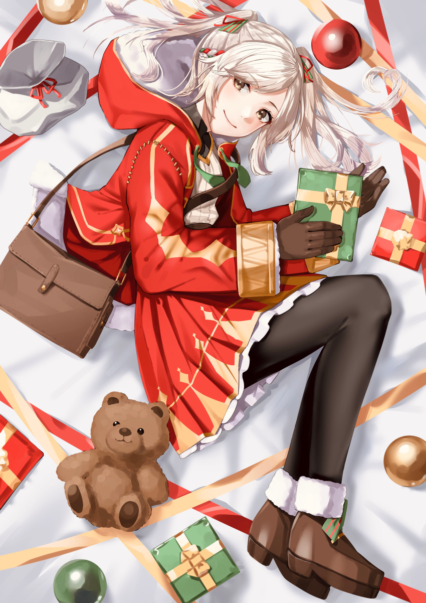 1girl absurdres alternate_costume bag black_pantyhose box brown_bag brown_footwear brown_gloves christmas christmas_ornaments closed_mouth commentary_request fire_emblem fire_emblem_awakening gift gift_box gloves highres hood hood_down hooded_robe looking_at_viewer lying pantyhose red_robe robe robin_(female)_(fire_emblem) robin_(fire_emblem) shoes smile solo stuffed_animal stuffed_toy swept_bangs teddy_bear tpicm twintails