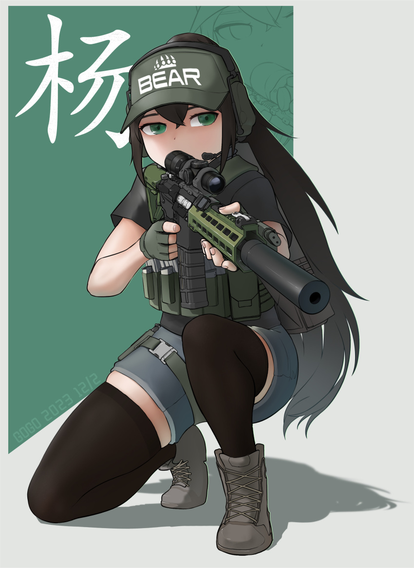 1girl absurdres assault_rifle black_pantyhose black_thighhighs blue_eyes denim denim_shorts escape_from_tarkov gogo_(gogo_23) gun headset highres holding holding_weapon load_bearing_vest long_hair m4_carbine on_one_knee pantyhose ponytail print_headwear rifle scope shadow shorts sidelocks solo squatting suppressor tactical_clothes thigh-highs visor_cap weapon