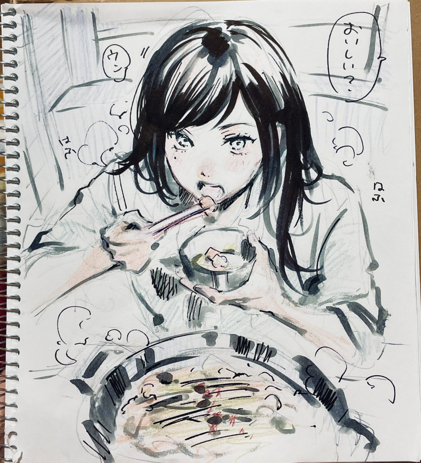 1girl ado_(utaite) adochansukisuki chando_(ado) cloud_nine_inc commentary_request food highres holding holding_food long_hair mole mole_under_eye open_mouth partially_colored photo_(medium) sleeves_past_elbows solo steam traditional_media translated utaite