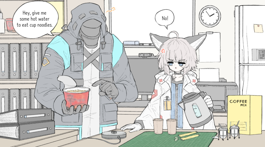 1boy 1girl anger_vein animal_ears arknights binder blue_eyes blue_vest clock cowlick cup disposable_cup doctor_(arknights) electric_kettle english_text food fox_ears fox_girl gloves grey_hair highres holding holding_food holding_kettle indoors jokebag kettle keyboard_(computer) looking_at_another male_doctor_(arknights) medium_hair monitor open_mouth pointing printer ramen refrigerator shelf speech_bubble sussurro_(arknights) talking vest wall_clock white_gloves