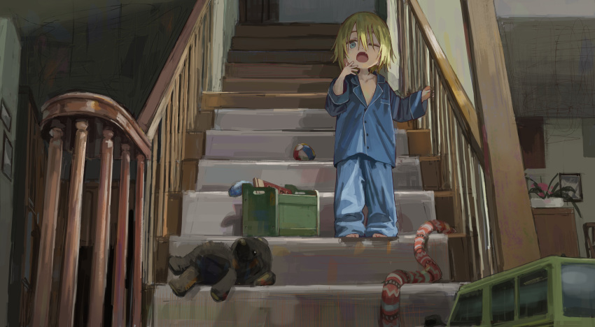 1boy absurdres ball barefoot blonde_hair blue_pajamas child fang hair_between_eyes highres house indoors male_focus one_eye_closed open_mouth original pajamas picture_frame plant potted_plant scenery skin_fang solo stairs stuffed_animal stuffed_toy take_no_(xtc65_0) teddy_bear toes traditional_media yawning