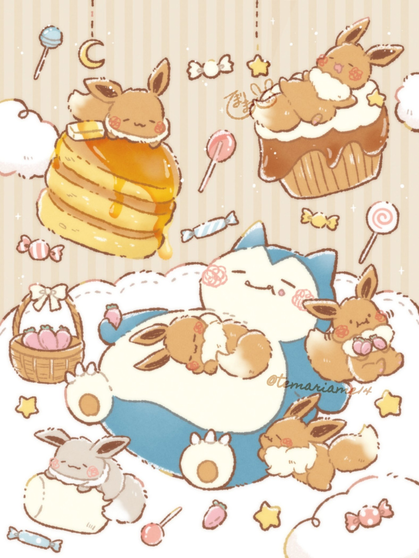 :3 :i alternate_color artist_name basket blush bow brown_background candy claws closed_eyes closed_mouth clouds commentary_request crescent crescent_moon cupcake eevee fangs fangs_out food food_on_face highres lollipop lying maple_syrup marshmallow moon no_humans on_back pancake pancake_stack pokemon pokemon_(creature) polka_dot shiny_pokemon simple_background smile snorlax solid_circle_eyes star_(symbol) striped striped_background swirl_lollipop syrup temariame14 twitter_username u_u white_bow