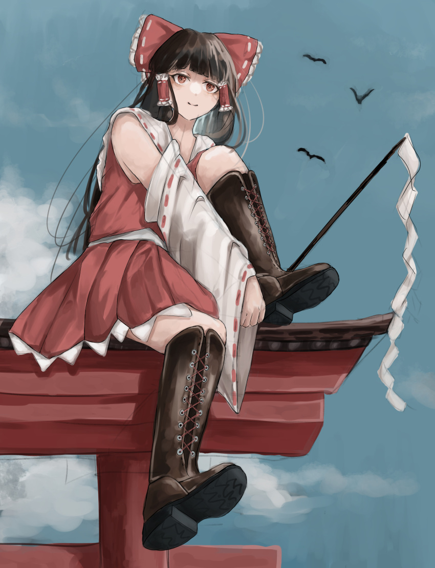 1girl absurdres bird black_hair boots bow cross-laced_footwear detached_sleeves frilled_hair_tubes frills gohei hair_bow hair_tubes hakurei_reimu highres holding holding_gohei knee_boots long_hair nontraditional_miko ourie red_bow red_shirt red_skirt shirt skirt sky sleeveless sleeveless_shirt solo touhou wide_sleeves