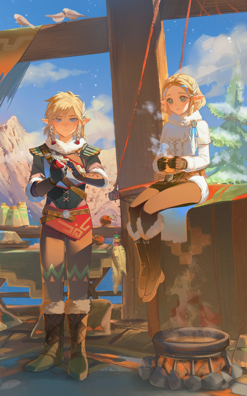 1boy 1girl :d absurdres apple armor belt belt_pouch bird blonde_hair blue_eyes blue_sky bob_cut boots braid braided_sidelock brown_pants clouds cooking_pot cup duoj_ji fingerless_gloves food fruit full_body fur-trimmed_boots fur-trimmed_gloves fur-trimmed_sleeves fur_collar fur_trim gloves green_eyes hair_ornament highres holding holding_cup holding_food holding_fruit holding_knife knife link long_sleeves mountain open_mouth outdoors pants parted_bangs pointy_ears pouch princess_zelda rug shirt shoulder_armor sidelocks sitting skinning sky smile snowing snowquill_set_(zelda) steam the_legend_of_zelda the_legend_of_zelda:_tears_of_the_kingdom tree triforce white_shirt winter_clothes wooden_beam wooden_floor