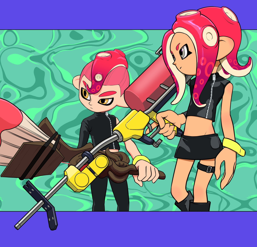 1boy 1girl black_shorts commentary_request crop_top e-liter_4k_(splatoon) green_background grey_eyes gun highres holding holding_gun holding_weapon letterboxed long_hair midriff mohawk octobrush_(splatoon) octoling octoling_boy octoling_girl redhead short_hair shorts splatoon_(series) standing tentacle_hair weapon xdies_ds yellow_bracelet yellow_eyes zipper