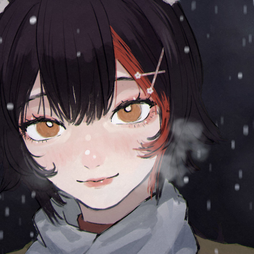 1girl animal_ears black_hair blush brown_eyes center-flap_bangs close-up closed_mouth hair_ornament highres hololive kafan light_blush light_smile lips looking_at_viewer multicolored_hair nose ookami_mio portrait redhead scarf short_hair smile snowing solo streaked_hair turtleneck white_scarf wolf_ears wolf_girl x_hair_ornament