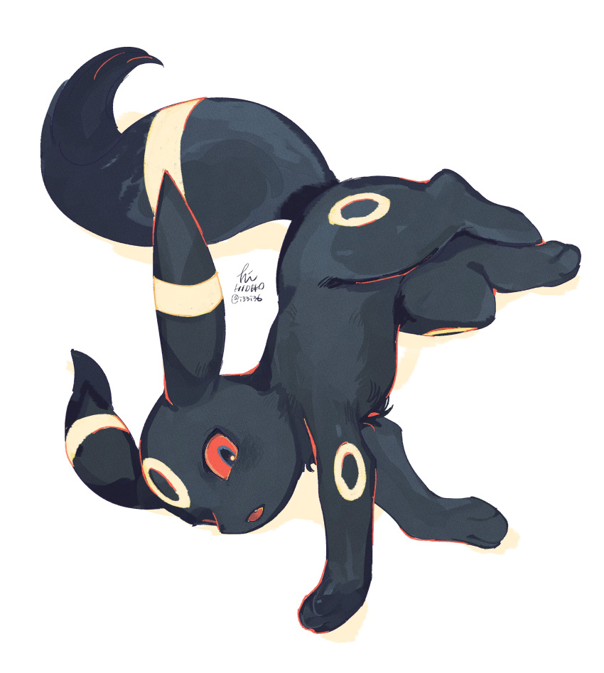 :o absurdres animal_focus black_eyes black_fur colored_sclera hideko_(l33l3b) highres lying no_humans on_side open_mouth pokemon pokemon_(creature) red_eyes red_sclera signature simple_background solo twitter_username umbreon white_background